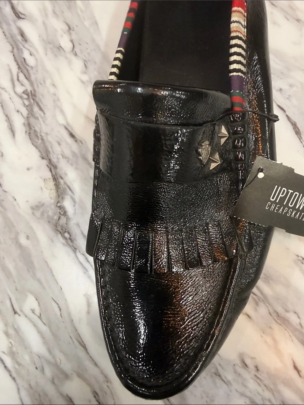 Gucci Black Patent Leather Fringe Loafers with Multicolor Trim